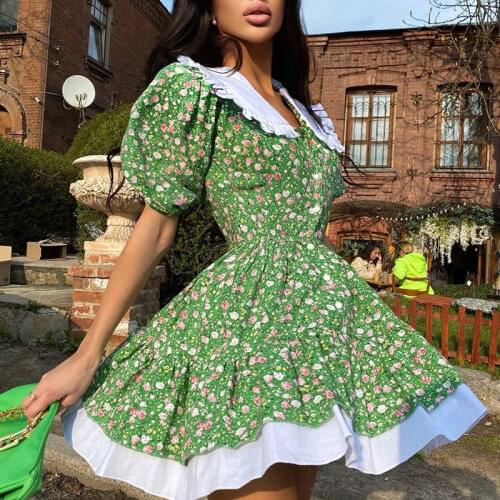 CP Prairie Chic Peter Pan Collar Dresses Women Fashion Slim Mini Dress Women Elegant Puff Sleeve Printed Dresses Female Ladies