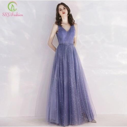 SSYFashion New Evening Dress Simple Elegant Grey Blue V-neck Floor-length Shining Long Prom Formal Gowns Robe De Soiree