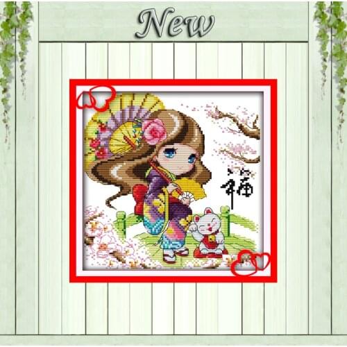 Blessing lovely girl cat decor painting counted print on canvas DMC 14CT 11CT Chinese Cross Stitch Needlework Set Embroider kits