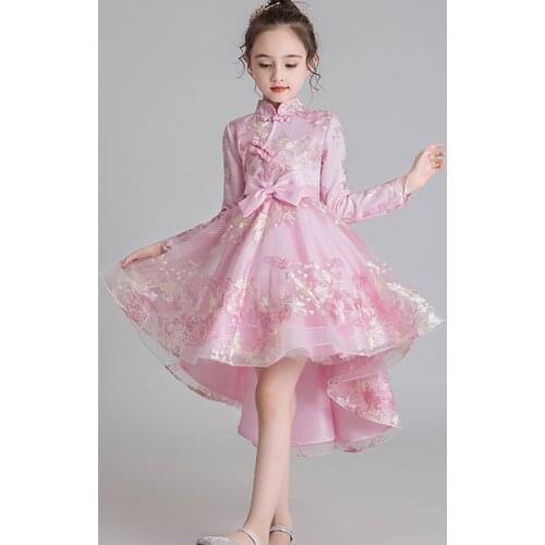 Flower Childrens National Cheongsam Party Tail Embroidery Girl Princesss Birthday Party Dance Show Party Tail Dress