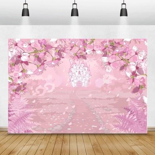 Laeacco Baby Shower Photo Background Pink Flowers Castle Pathway Wonderland Children Newborn Birthday Photography Backdrop Props