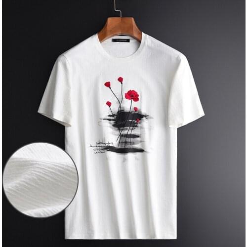 Cotton Spandex Men T-shirt Luxury Chinese Style Embroidered Short Sleeve T-shirts Plus Size 4xl Casual Slim Man Tee