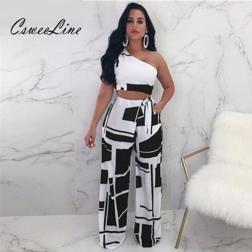 Geometric Patterns Print Sexy Two Piece Set Summer One Shoulder Sleeveless Crop Top Wide Leg Pants Women Chic Night club Outfits