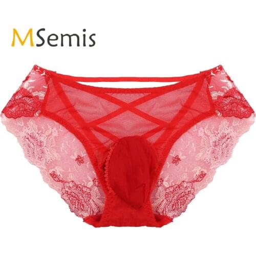 Sissy Lingerie Mens Sexy See Through Briefs Panties Embroidered Bulge Pouch Underwear Hollow Out Cross Back Low Rise Underpants