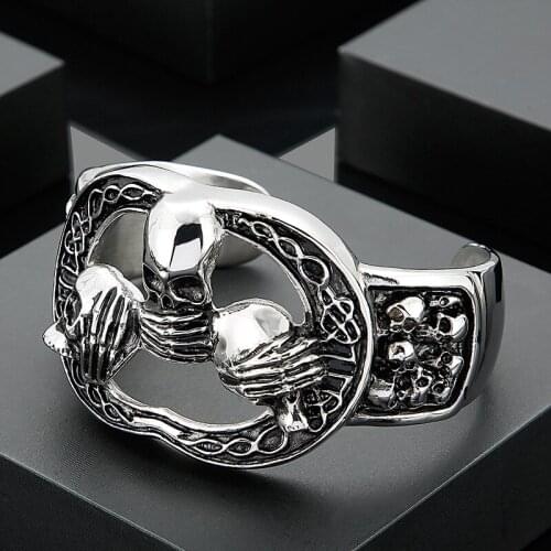 Punk Exaggerated Personality Hollow Mens Skull Titanium Steel Open Bracelet