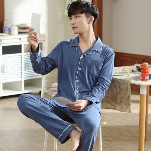 Men Pajama Set Solid Blue Lounge Sleepwear for Gentleman Pyjamas Home Clothes 2PCS Pejama Long Sleeve Leisure Wear Pijamas Set