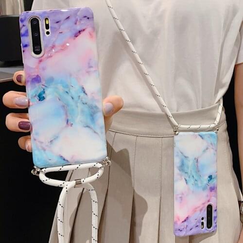Gradient Marble Soft Case for Huawei P30 P20 Mate 20 Pro Nova 5 Pro 5i Necklace Cord Chain Lanyard Hanging Rope Crossbody Cover