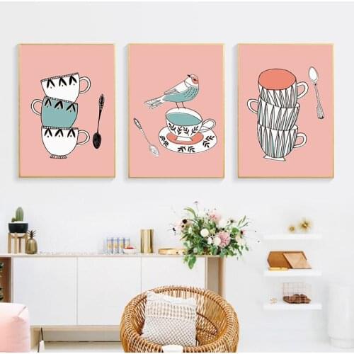 Pink Abstract Coffee Cup Canvas Painting Wall Art Print Animal Bird Poster Picture Wall Restaurant Decor Home Decoration
