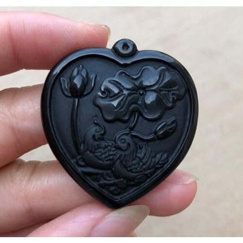 Natural Obsidian Heart-shaped Mandarin Duck Wedding Charm Jewelry Fine Jewelry Couple Wedding Charm Necklace Jewelry