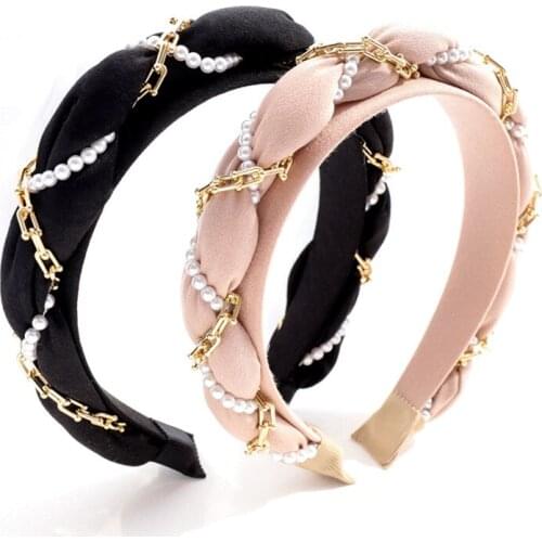 New Women Headband Hair Accessories Fashion Chain Pearl Braided Sponge Headband for Girls