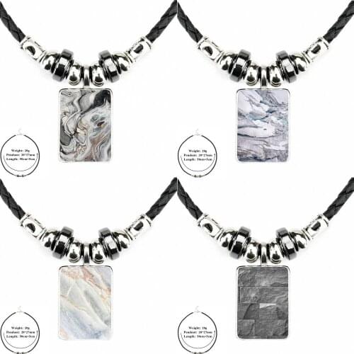 For Women Kids Marble Rock Stone Texture New Arrival Black Leather Bead Pendant With Glass Cabochon Choker Long Pendant Necklace
