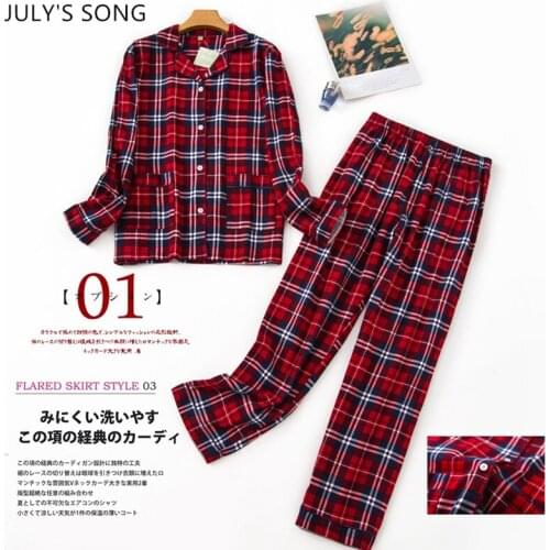 JULYS SONG 100% Cotton Plaid Pajamas Set 2 Pieces For Women Spring Autumn New Sleepwear Lapel Cute Animal Print Homewear