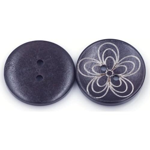 30PCS Dark Brown Round Wood Sewing Buttons Flower Pattern 2 Holes 30mm For Apparel Clothing Coat Sweater Handmade Crafts Making