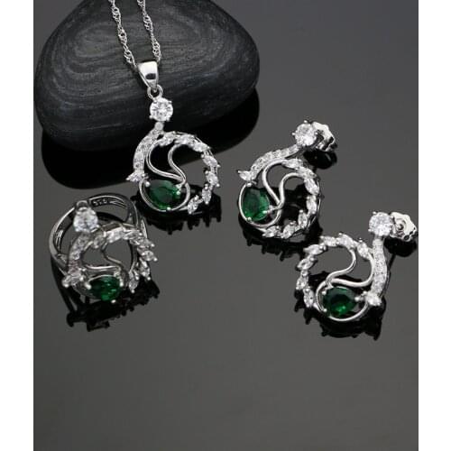 Silver 925 Jewelry Green Cubic Zirconia White Stone Jewelry Sets For Women Weeding Earrings/Pendant/Ring/Necklace Set