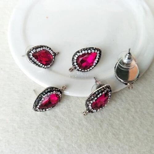 10 Pair hot pink Crystal Earrings, Pave Rhinestone Water Drop Shape Crystal Stud Earrings Jewelry Finding ER125