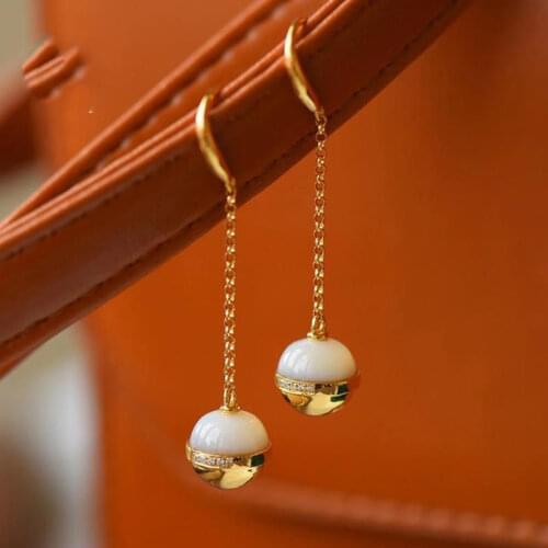 Hong Kong Designer Series Exquisite Style S925 Sterling Silver Gold Plated White Shell Bell Earrings Long Womens Earrings