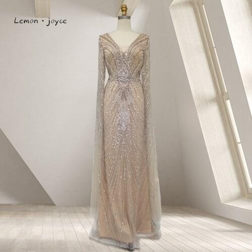 Lemon Joyce Dubai Muslim champagne Evening Dresses Cap Sleeves Sexy V-Neck Crystal Mermaid Evening Gowns Formal Dress Plus Size