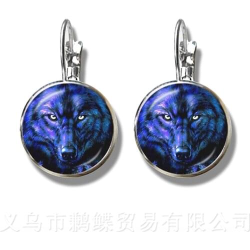 Vintage Silver Plated Glass Dome Earrings Wolf Head Pattern Glass Metal Buckle Punk Jewelry Charm Stud Earrings For Wo'men