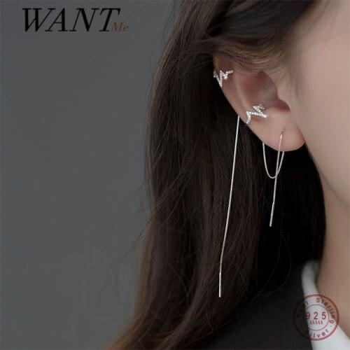 WANTME 925 Sterling Silver Romantic Bohemian Chic Zircon Lightning Wave Tassel Stud Earrings for Women Trendy Party Jewelry 2021