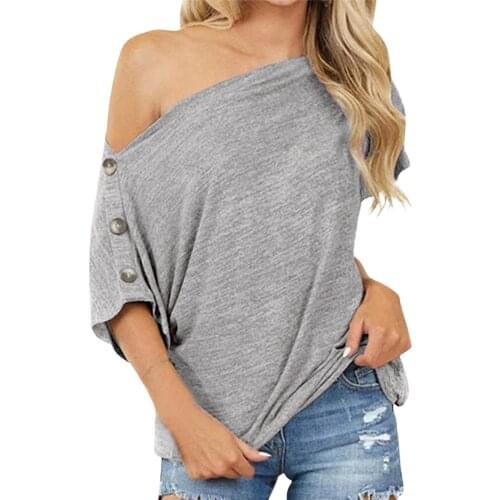 40# Sexy Off Shoulder Blouse Women Summer Loose Solid Color Button Short-sleeved Shirt Elegant Casual Tunic Blouse Blouse