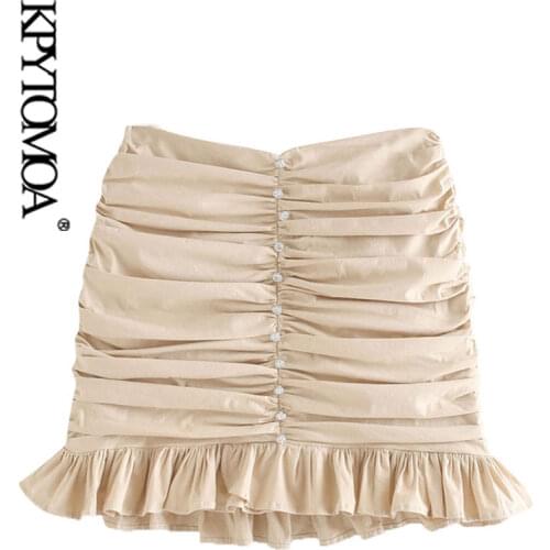 KPYTOMOA Women 2020 Chic Fashion Appliques Ruffled Pleated Mini Skirt Vintage High Waist Back Zipper Female Skirts Mujer