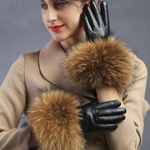2020 New Real Raccoon Fur Gloves Leather Womens Gloves Fashion Luxury Big Raccoon Fur Sheepskin Genuine Leather Gloves Female