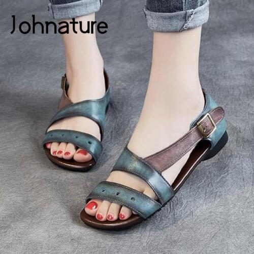 Johnature Retro Sandals Women Shoes Genuine Leather 2021 New Summer Sewing Flat With Buckle Strap Casual Handmade Ladies Sandals