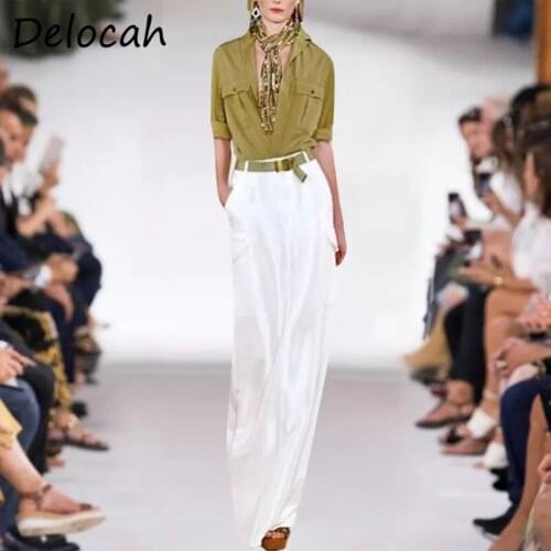 Delocah New 2021 Autumn Women Fashion Designer Panrt Set Half Sleeve Pockets Blouses + High Waist Print Wide Leg Long Pant Suits