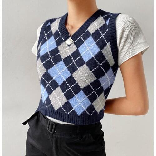 Retro Y2k Argyle Knitted Sweater Vest Womens Summer Autumn 2021 Fashion Preppy Style V-neck Sleeveless Crop Top Streetwear
