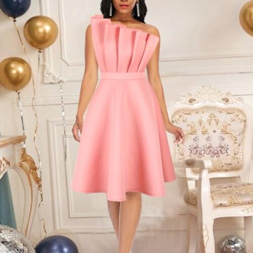 Women Elegant Dress Solid A -Line Pleated Ruffle One Shoulder Sexy Fit And Flare Evening Birthday Party Robes Large Size Clothes