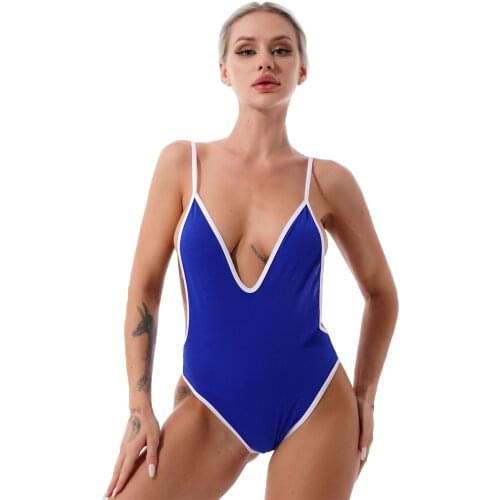 Womens Hollow Out Side Lingerie Leotard Jumpsuit Swimsuit Bikini Swimwear Deep V Neck Open Back Bodysuit Beach Bathing Clothes