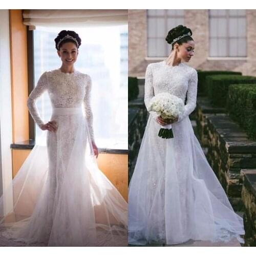 Vestido De Nova Sexy High neck Mermaid Wedding Dresses With Overskirt Long sleeves Full Lace Wedding Bridal Gowns