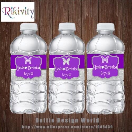 20pcs Buttlerfly Purple Wedding Water Bottle Wine Labels Waterproof Self Adhesive Candy Bar Wrapper Wedding Birthday Decoration