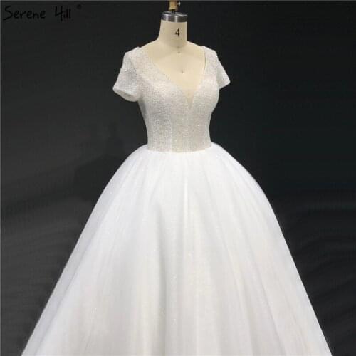 White V-Neck Short Sleeve Sexy Wedding Dresses 2021 Sequins Beading Tulle Bridal Gowns HA2308 Custom Made