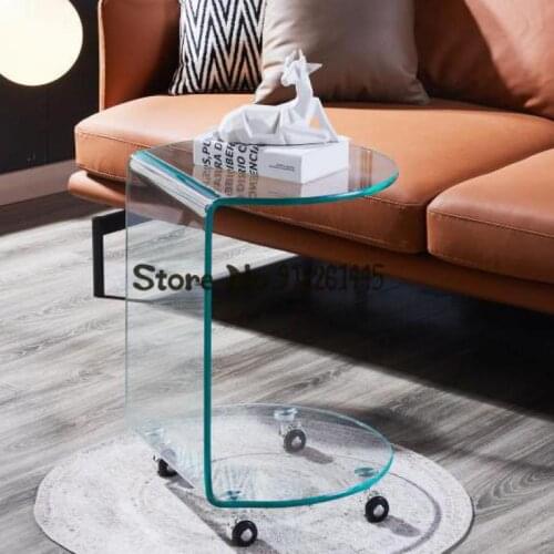 Toughened Glass Tea Table Sofa Side Table Movable Pulley Bedside Table Small House Modern Side Table Light Luxury Corner Table
