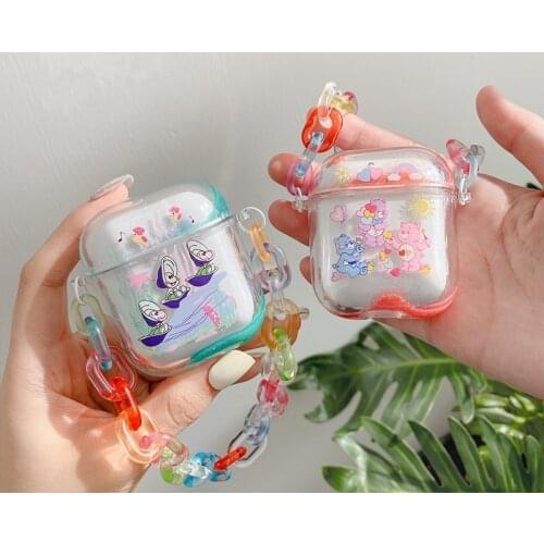 Transparent Lovely Girl Cute Cartoon Quicksand Bling Flow Chain Cover Clear Waterproof Case For Airpods 1 /2