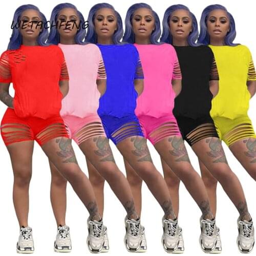 Black Shorts And Top Sets Summer 2 Piece Tracksuit Hollow Out Short Sleeve Biker Shorts Sportswear Plus Size Loungewear Clothing