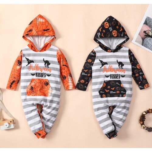 Toddler Halloween Jumpsuit, Printed Stripe Hooded Long Sleeves Romper for Baby Girls, Boys, 0-24 Months