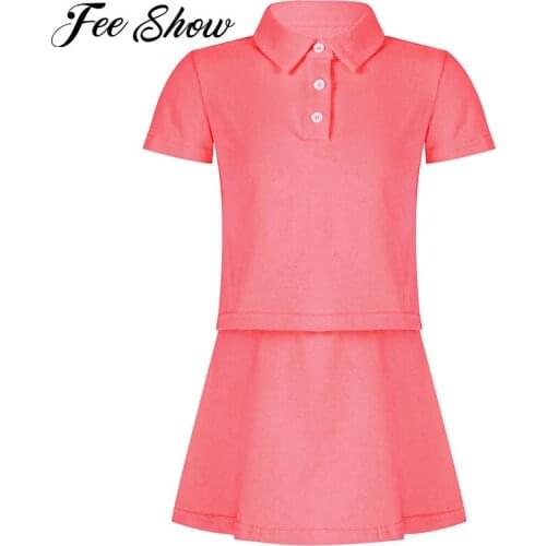 Kids Girls Tennis Sport Suit Summer Running Gym Yoga Sets Sportswear Short Sleeves Front Buttons T-shirt with A-line Skirt Set