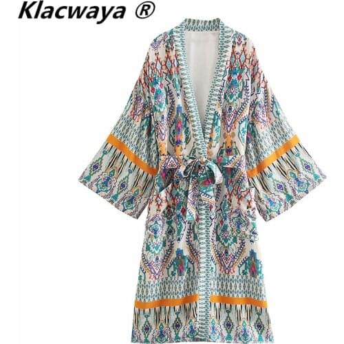 Klacwaya Women Fashion With Belt Totem Print Cardigan Blouses Vintage Three Quarter Sleeve Side Vents Female Long Kimono Shirts
