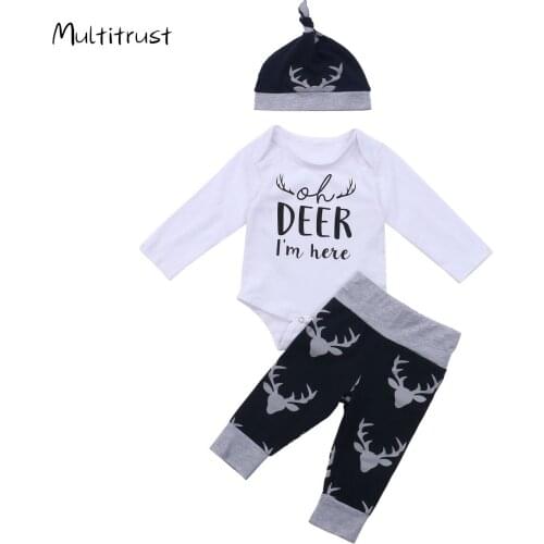 3 Pcs/Set Newborn Toddler Baby Clothes Long Sleeve Round Neck Letter Printed Bodysuit Jumpsuit + Deer Head Trousers + Hat