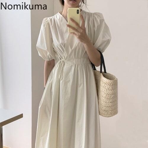 Nomikuma 2021 Summer Dress Women Puff Sleeve V-neck Dresses Korean Causal Lace Up Slim Waist A-line Vestido De Mujer 6G318