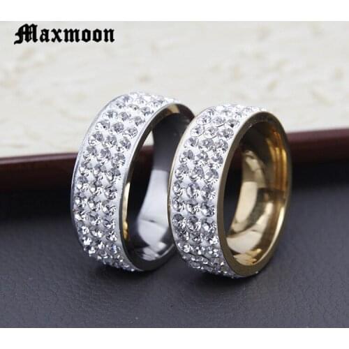 Maxmoon Full Size three row clear crystal Stainless steel Wedding rings fashion jewelry Made with Genuine CZ Crystals