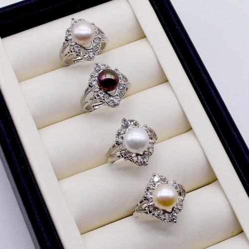 Fashion ring, 8-9mm natural freshwater pearl, silver ring, zircon adjustable, female ring, engagement pearl ring