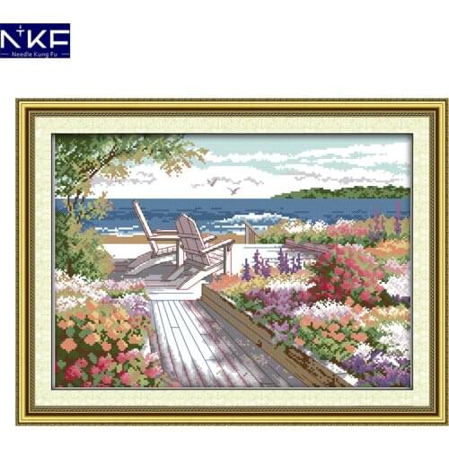 NKF Seaside Landscapes Cross Stitch Handmade Craft Needlework Cross Stitch Set Embroidery Kit Scenery Design Home Decor