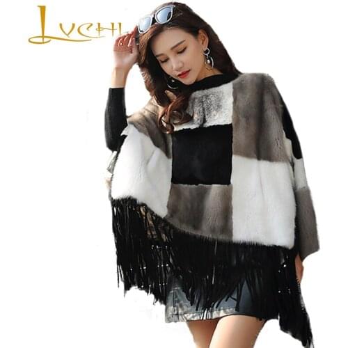 LVCHI Winter 2019 Real Mink Coats Plaid Womens Natural Fur Tassel Full Sleeve Short O-Neck Shawl Slim Loss Causal Mink Coats