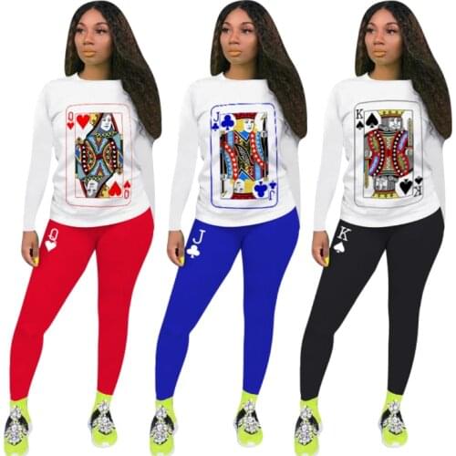Fall 2020 casual fashion 2 pieces set Poker printed long sleeve pantsuit two-piece sportswears