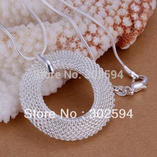 P054 Promotions Free shipping Beautiful fashion Elegant silver color charm round mesh girl pendant pretty Necklace jewelry