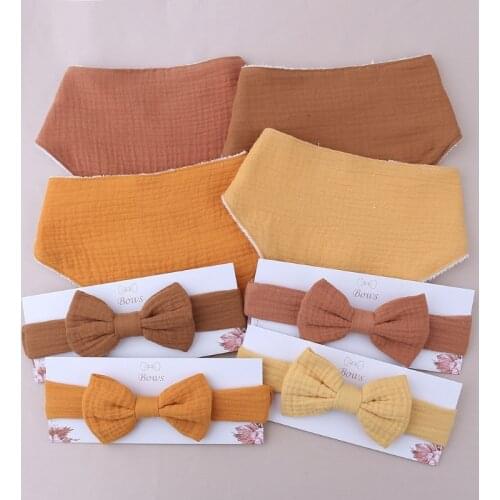 Princess Bowknot Hair Band Solid Color Snap Button Bib Set Cotton Baby Elastic Bow Headband Feeding Drool Saliva Towel