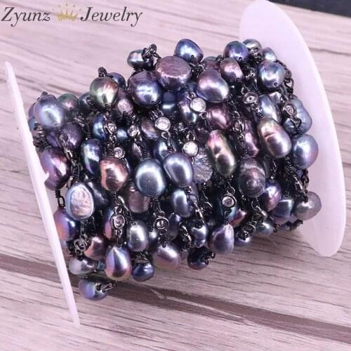 3 Meters, Titanum Rainbow Pearl Beads Rosary Chains, Gunmetal Plated Natural Freshwater Pearl Beaded Zironia Chains Findings